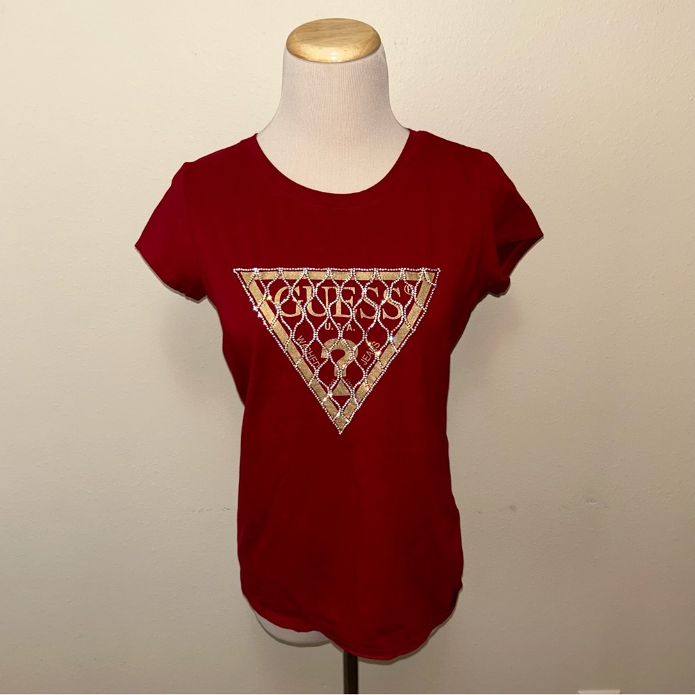 GUESS Maroon Rhinestone Logo Short-Sleeve Tee